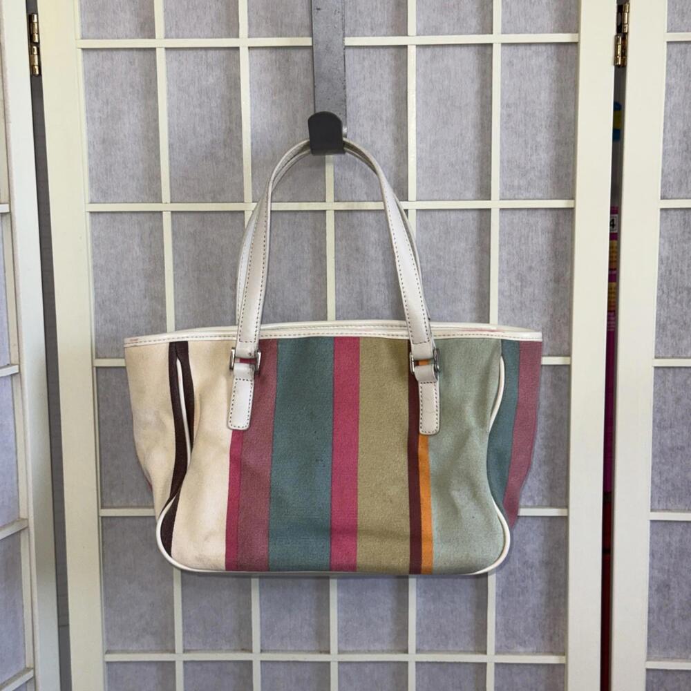 Fossil 90 Y2K Pastel Stripe Canvas Leather Purse Leather Strap Shoulder Bag Tote - Picture 2 of 15